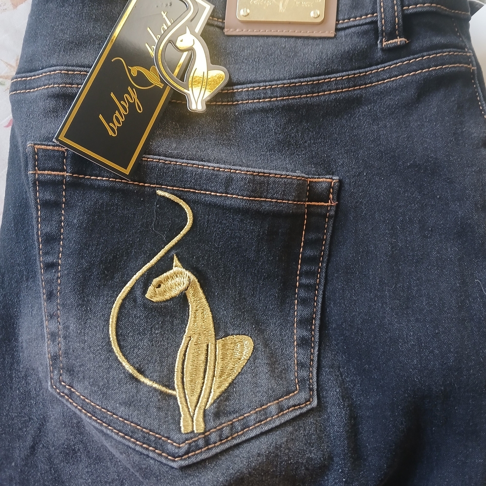 Baby Phat Dark Denim Jeans with Gold Cat Embroidery